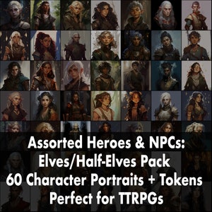 Puede incluir: Un conjunto de ilustraciones digitales de 60 retratos y fichas de personajes con elfos y medio elfos. El conjunto es perfecto para juegos de rol de mesa (TTRPG).