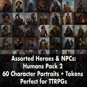 Diverse helden en NPC's Pack 2: 60 helden, NPC-illustraties, karakterkunst, TTRPG-tokens, D&D, Fantasy, mensen, Instant Download