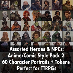 May include: A digital illustration of 60 character portraits in an anime/comic style. The characters are diverse in race, gender, and appearance. The image is labeled "Assorted Heroes & NPCs: Anime/Comic Style Pack 2 60 Character Portraits + Tokens Perfect for TTRPGs".