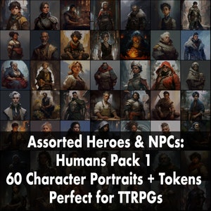 TTRPG Character Art: 60 Heroes & NPC Illustrations, Tokens (Digital Download)