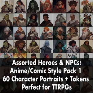 Può includere: Una collezione di 60 ritratti di personaggi in stile anime/fumetto. I ritratti presentano vari eroi e PNG, ognuno con tratti e abiti unici. Il testo recita "Assorted Heroes & NPCs: Anime/Comic Style Pack 1 60 Character Portraits + Tokens Perfect for TTRPGS."