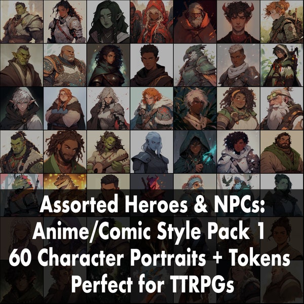 Verschiedene Helden und NPCs - Anime Style Pack 1: 60 Helden, NPC Illustrationen, Character Art, TTRPG Tokens, D&D, Fantasy,