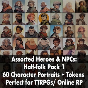 Puede incluir: Un conjunto de ilustraciones digitales de 60 retratos y fichas de personajes con personajes mitad folk. El conjunto se titula "Assorted Heroes & NPCs: Half-folk Pack 1" y se describe como "Perfecto para TTRPGs/ RPG en línea".