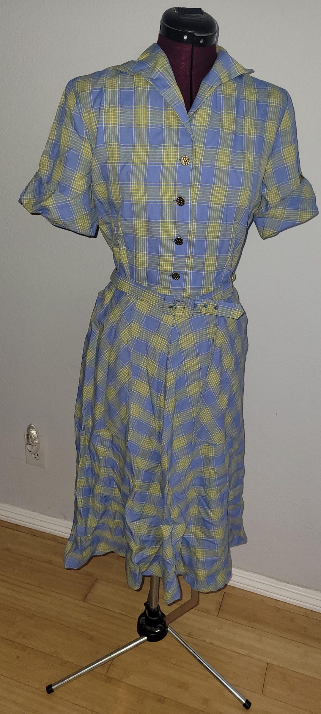 Vintage 50s Cotton Shirtwaist Dress, Yellow Blue Check, Pockets, Belt — free download