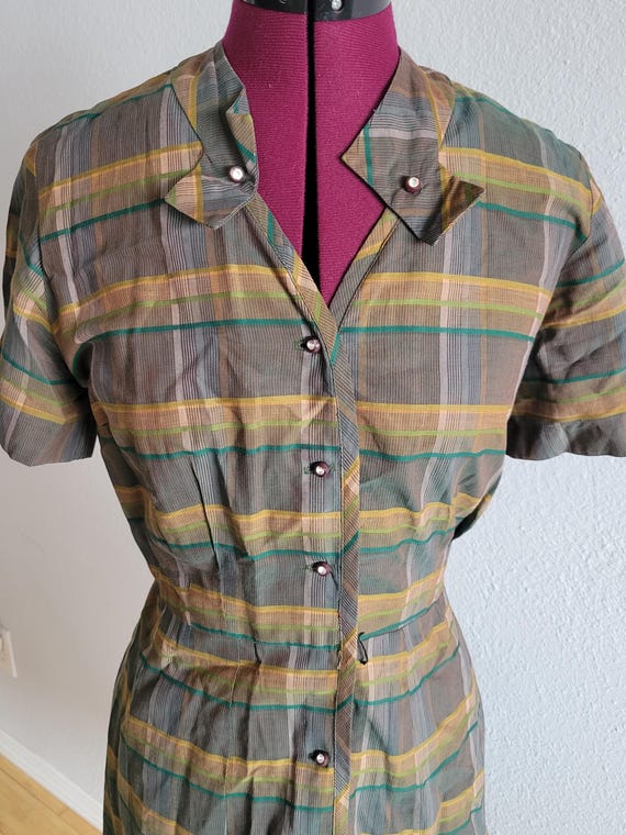 Vintage 50s Cotton house green plaid house dress