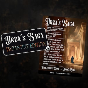 Puede incluir: Una carta proxy de Magic: The Gathering para Urza's Saga, una carta de encantamiento de tierra. La carta es de color marrón claro con un borde dorado y presenta una ilustración detallada de una ciudad con una persona caminando por las calles. El texto de la carta dice "Urza's Saga" e incluye las habilidades de la carta.
