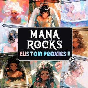 May include: A set of custom Magic: The Gathering proxy cards featuring illustrations of women in bathtubs. The cards are titled "Mana Rocks" and feature the text "Custom Proxies!!!".