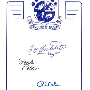 May include: A white document with a blue border featuring the text "DOOLITTLE RAIDERS" and a crest with a plane and other symbols. Several signatures are present, including "J.H. Doolittle" and "Hank Potz".