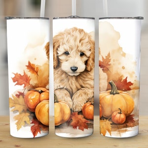 May include: A white tumbler featuring a watercolour design of a golden doodle puppy sitting with pumpkins and autumn leaves.