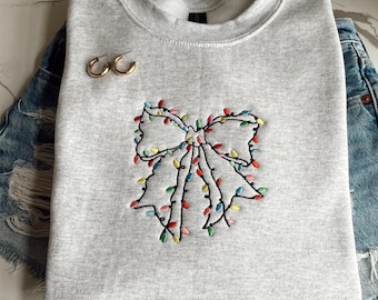 Embroidered Coquette Christmas Sweatshirt, Embroidered Christmas Bow Sweatshirt, Embroidery Bow Sweatshirt, Embroidery Christmas Bow