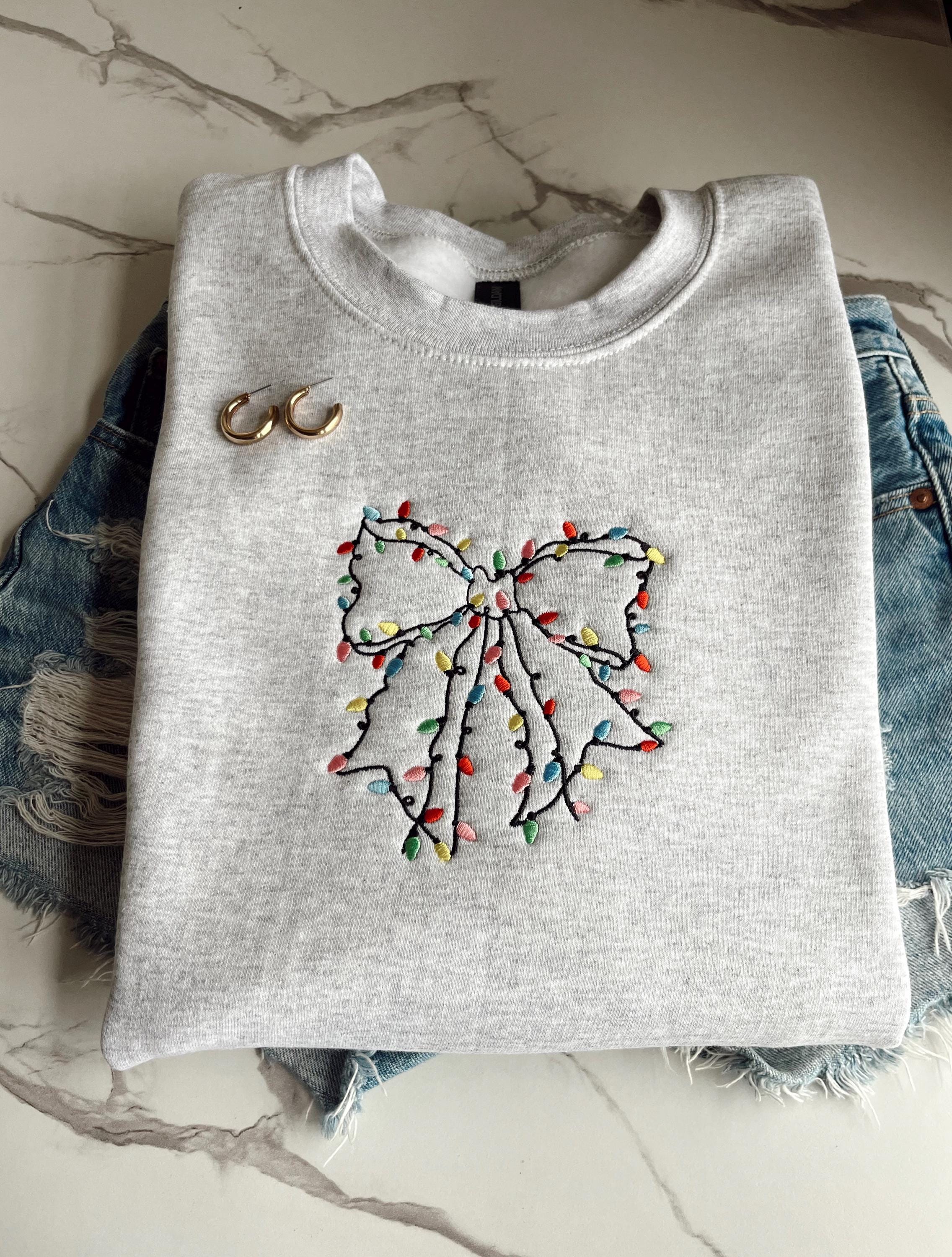 Embroidered Coquette Christmas Sweatshirt, Embroidered Christmas Bow Sweatshirt, Embroidery Bow Sweatshirt, Embroidery Christmas Bow