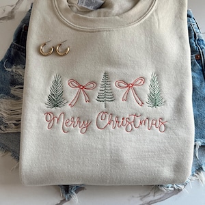 Embroidered Christmas Sweatshirt, Embroidered Coquette Sweatshirt, Embroidered Christmas Bow Sweatshirt, Christmas Tree Bow Sweatshirt