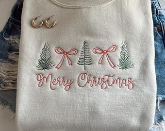 Embroidered Christmas Sweatshirt, Embroidered Coquette Sweatshirt, Embroidered Christmas Bow Sweatshirt, Christmas Tree Bow Sweatshirt