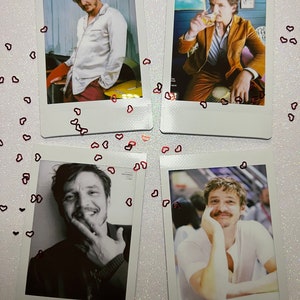May include: Four Polaroid photos of the same man in different poses. The man is wearing a white shirt, a brown jacket, a black shirt, and a white t-shirt.