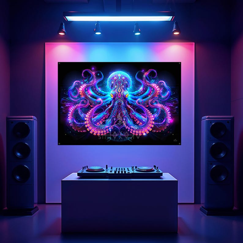 May include: A vibrant, psychedelic octopus art print in shades of blue, purple, and pink dominates the scene. The artwork is mounted on a white wall, above a DJ setup. Two large speakers flank the wall, creating a modern, artistic space.