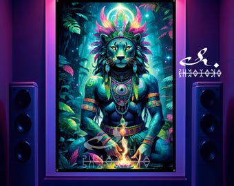 Blacklight Tapestry: Jaguar Shaman God UV Reactive Art