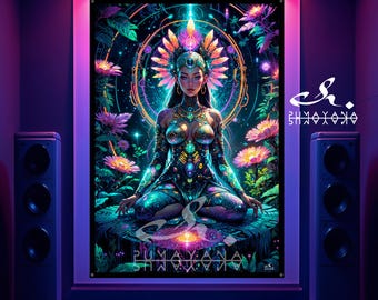 Blacklight Tapestry: Meditating Goddess UV Reactive Art