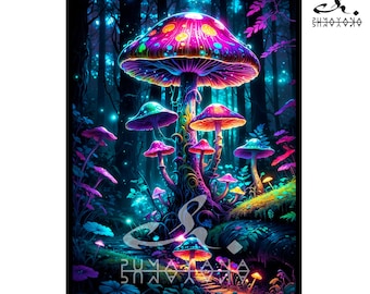 Puede incluir: Una vibrante impresión artística de fantasía que presenta una gran seta colorida con un sombrero multicolor y setas más pequeñas en un entorno de bosque místico. La obra de arte tiene una estética oscura y brillante con colores neón.