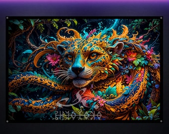 Jaguar Serpent Blacklight Tapestry: UV Reactive Glowing Wall Art, Psychedelic Room Decor