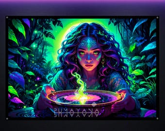 Visionary Woman Shaman UV Tapestry: Blacklight Reactive UV Wall Art, Sacred Space Decor