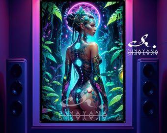 Blacklight Tapestry: Woman Shaman Goddess UV Reactive Art