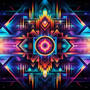 May include: Abstract geometric design with a central circular element. The design features a mix of bright colors, including blue, orange, red, and purple, against a dark background.