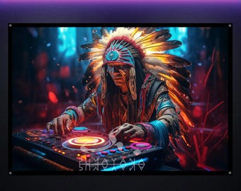 Native Shaman UV Tapestry: Blacklight Reactive Glowing Wall Art, Rave Decor