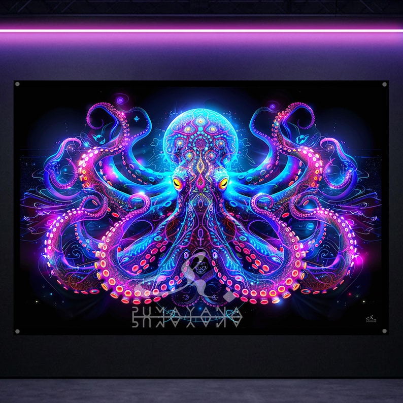 May include: A vibrant, psychedelic octopus art print in shades of blue, purple, and pink against a black background. The artwork features intricate patterns and glowing details, with the text "PUMAYANA" at the bottom. The octopus has yellow eyes.