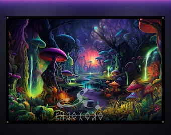 Mystic Mushroom Land UV Tapestry: Blacklight Reactive Glowing Art, Psychedelic Decor