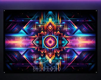 Fractal Geometry Pattern Blacklight Tapestry: Glowing UV Reactive Art, Festival Decor