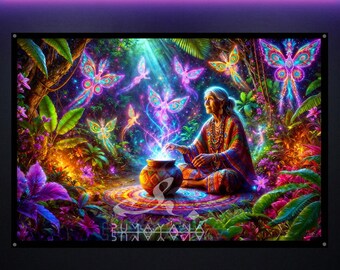 Shamanic Elder Blacklight Wall Hanging: Glowing UV Reactive Wall Art, Spiritual Decor