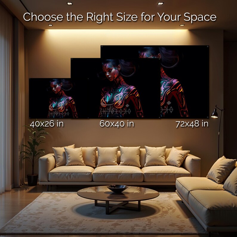 May include: Three canvas art prints of a woman with colorful body art are displayed on a wall. The prints are in different sizes: 40x26 inches, 60x40 inches, and 72x48 inches. The text "Choose the Right Size for Your Space" is at the top.