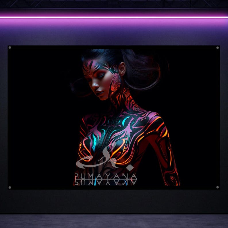 May include: A black wall art print featuring a woman with intricate body art in neon colors. The artwork has a dark background with a neon purple light above. The print includes text at the bottom.