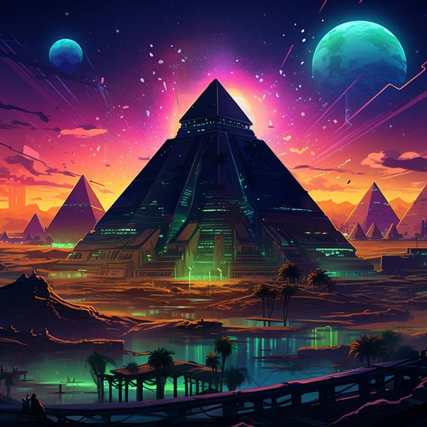 Pyramid Temple Egypt Atlantis Tapisserie UV, Tenture murale réactive à la lumière noire, Toile de fond néon, Décor de fête, Tapisserie psychédélique, Art UV Trippy