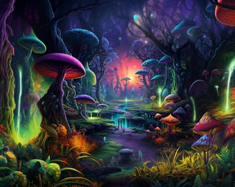 Magic Mushroom Land Tapestry: Blacklight Reactive Psychedelic UV Art