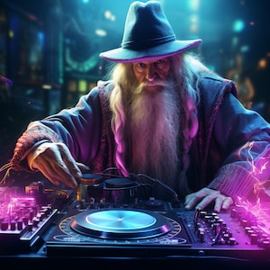 DJ Gandalf Wizard Cyberpunk UV tapestry, Blacklight Reactive Wall Hanging, Chill out Rave, Party Decor, Psychedelic Tapestry, Trippy UV Art