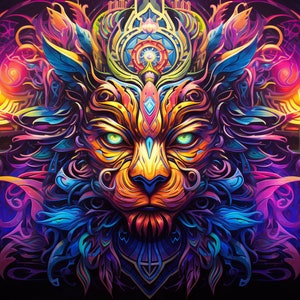Mystical Lion UV Tapestry: Blacklight Reactive Psychedelic Art