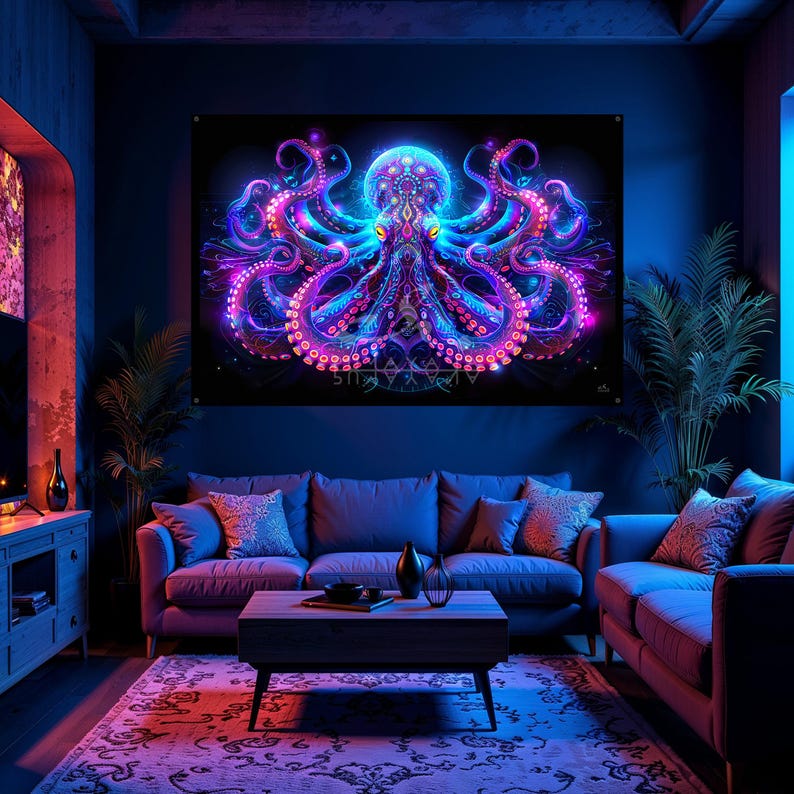 May include: A large, vibrant wall tapestry featuring a neon-colored octopus design. The artwork showcases a detailed illustration with shades of blue, purple, and pink, creating a psychedelic effect. The octopus is centered against a black background, with the text "STILL ALIVE IV" at the bottom.