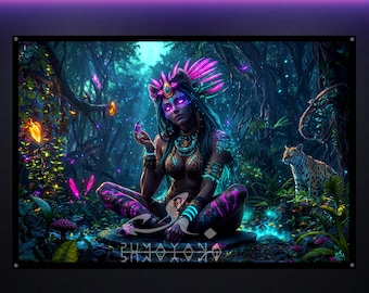 Shaman Goddess Blacklight Tapestry: UV Reactive Glowing Wall Art, Meditation Room Decor