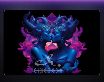 Tantric Goddess Lovers Tapestry: UV Reactive Glowing Wall Art, Visionary Art Decor
