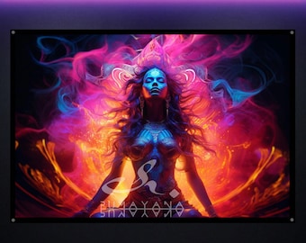 Divine Feminine Psychedelic Tapestry: Blacklight Reactive UV Wall Art, Meditation Room