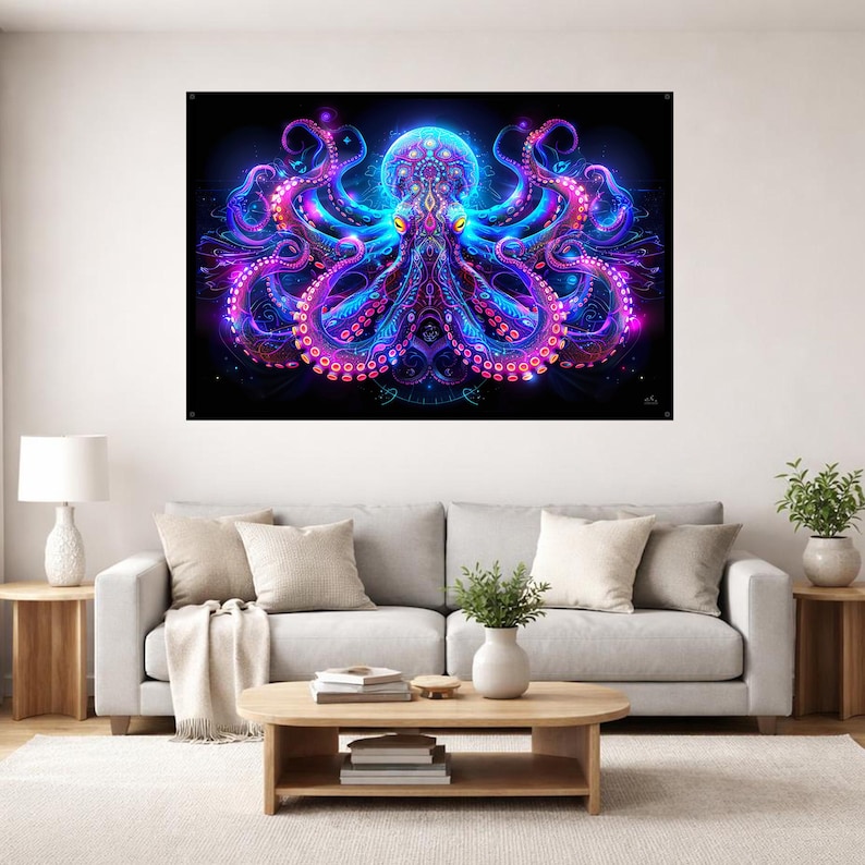 Psychedelic Octopus Blacklight Tapestry: UV Reactive Glowing Wall Art, Trippy Room Decor image 6