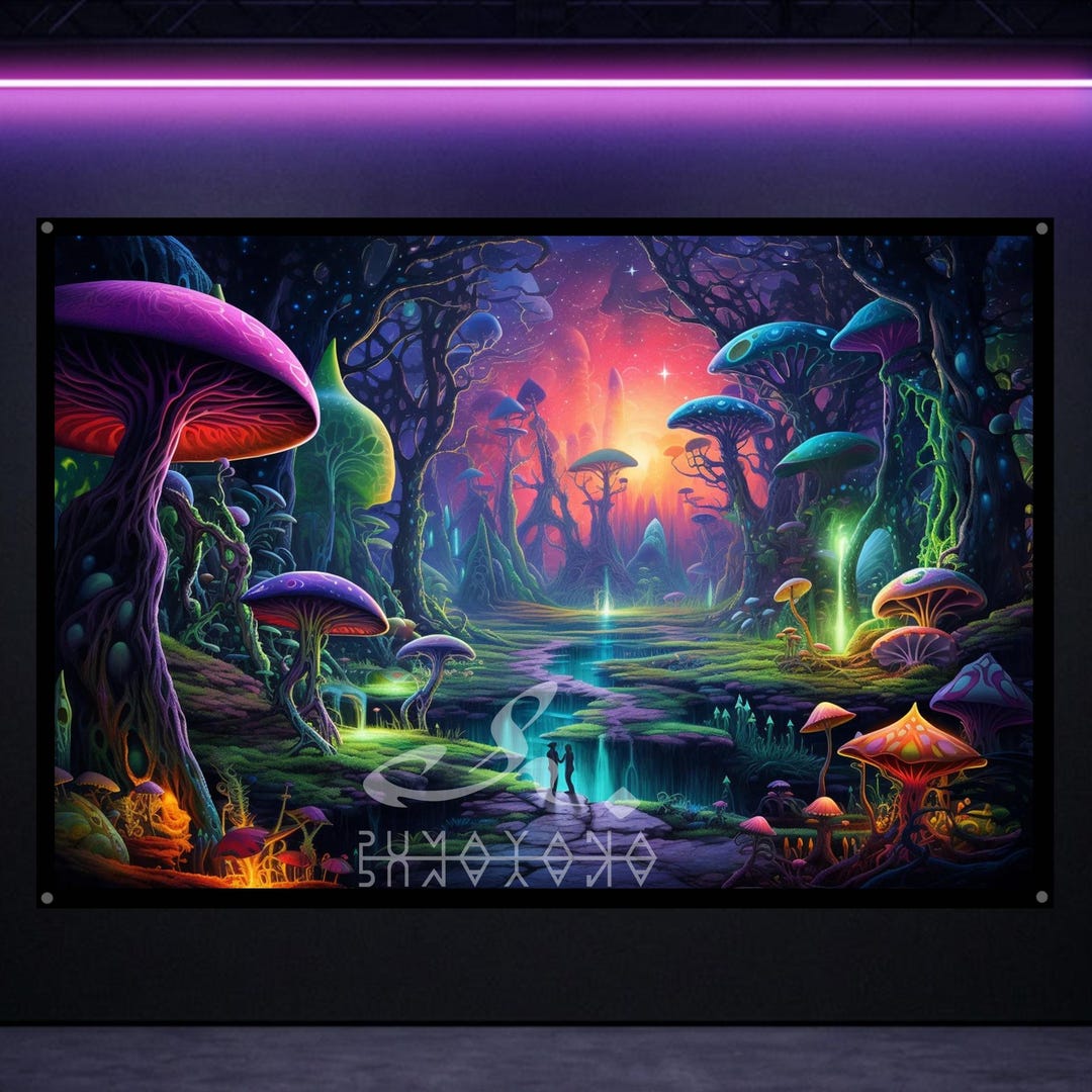 Mushroom Trip Vision Blacklight Tapestry: Glowing UV Reactive Wall Art ...