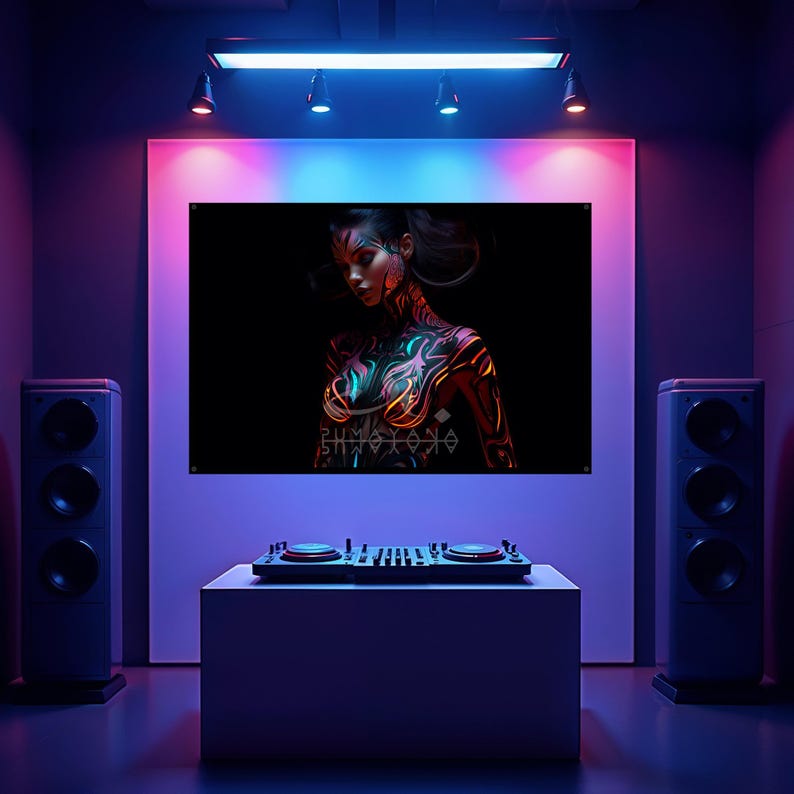 May include: A digital art print of a woman with neon body art, displayed in a room with DJ equipment and speakers. The artwork features a dark background with vibrant red, orange, and teal accents. The room is illuminated with purple and blue lights.