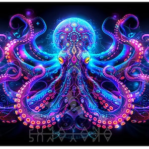 May include: A psychedelic illustration of a blue octopus with pink tentacles and glowing eyes. The octopus is surrounded by a swirling pattern of dots and lines.