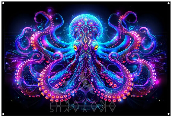 Psychedelic Octopus Tapestry: Blacklight UV Reactive Art