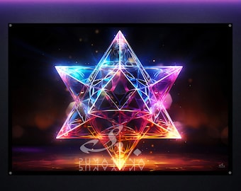 Merkaba Fractal Geometry Blacklight Tapestry: UV Reactive Glowing Wall Art, Sacred Space Decor