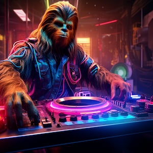 DJ Chewbacca Cyberpunk Tapestry: Blacklight Reactive UV Art