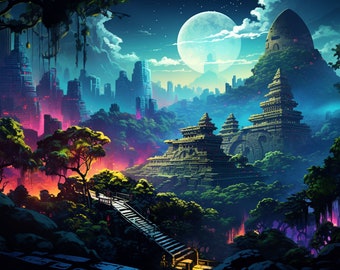 Futuristic Buddhist Temple UV Tapestry: Psychedelic Blacklight Art