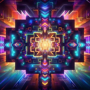 May include: Abstract digital art piece with a symmetrical design. The artwork features a central square with geometric patterns and lines in vibrant colors like orange, blue, purple, and yellow. The overall effect is a glowing, futuristic aesthetic.